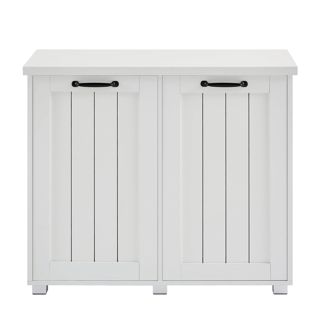 Two room inclined garbage bin, anti pet kitchen garbage bin with cutting board, independent laundry sorting cabinet, white