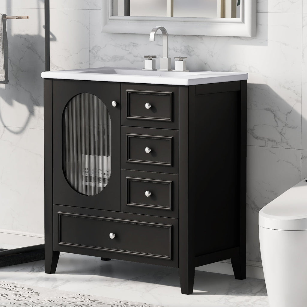 30" Bathroom Vanity with Sink, Bathroom Vanity Cabinet with Three Drawers and Door, Solid Wood and MDF, Black