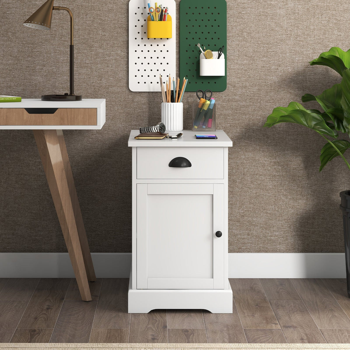 End Table with Charging Station and Flip Top-White