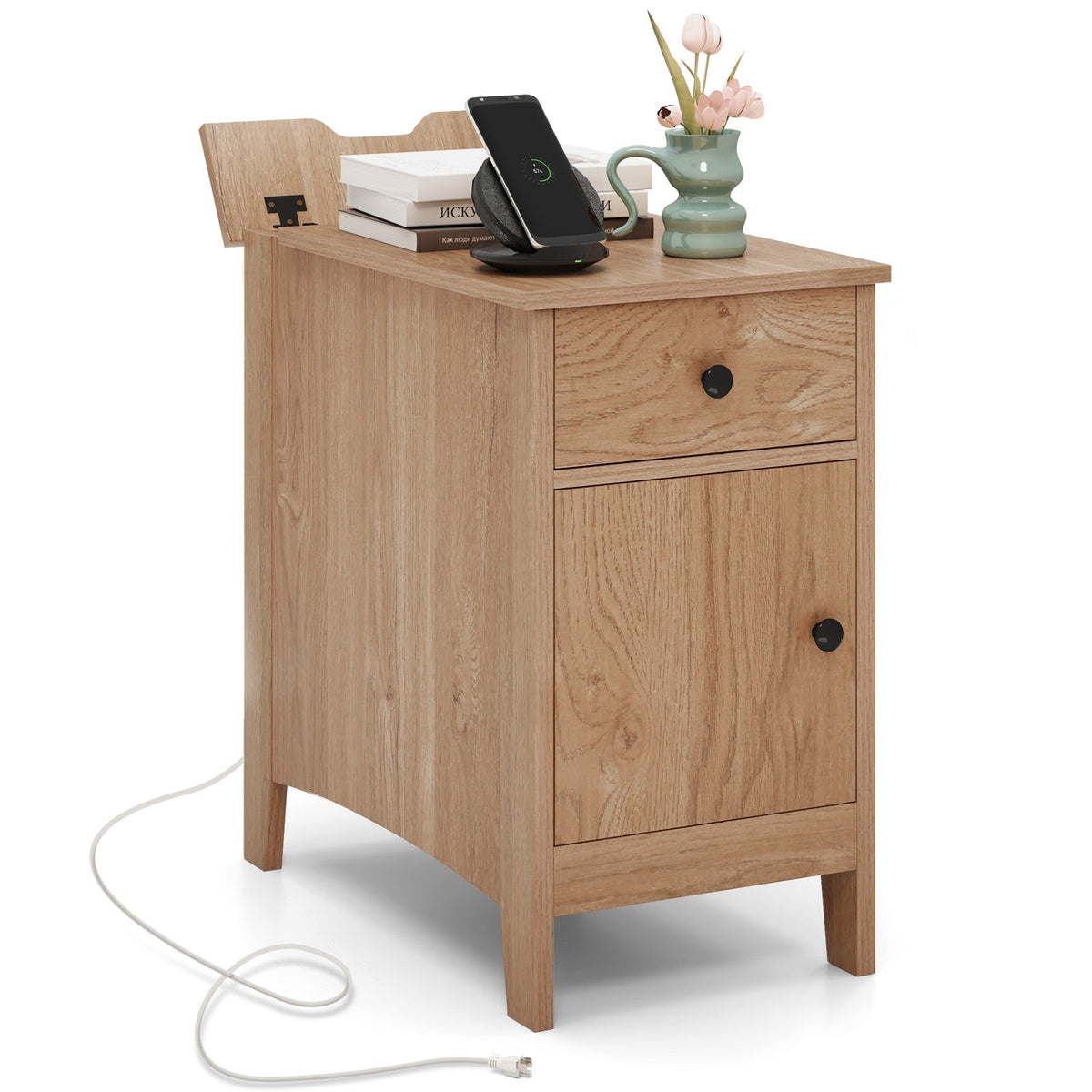 Flip Top End Table with Charging Station USB Ports Outlets and Drawer