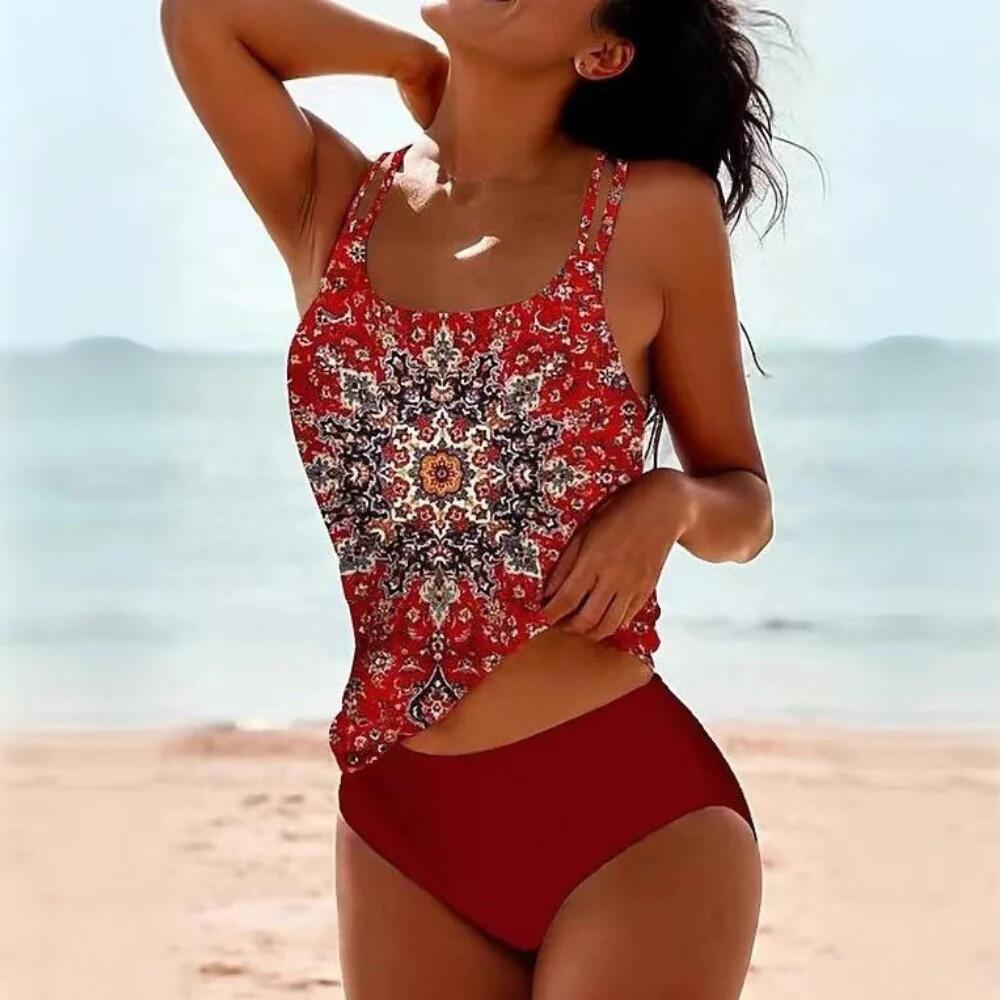 Digital Printed Shoulder Strap Tankini High Waist Triangle Pants Split Swimsuit for Women