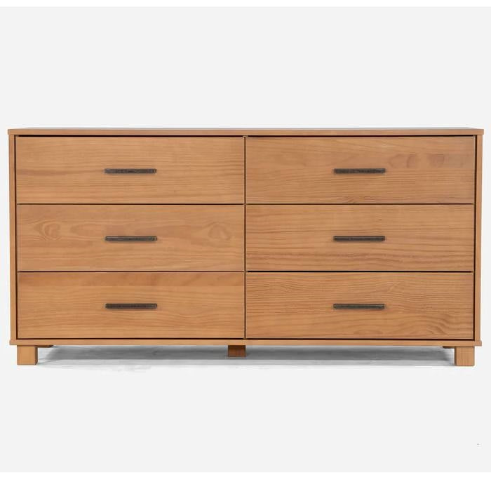 Modern Farmhouse Solid Wood 6 Drawer Double Dresser in Light Brown Finish