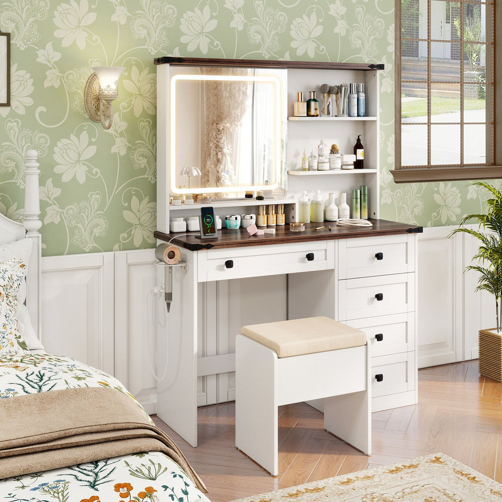 Farmhouse Vanity Set with Mirror and 3-Color Lighting-White