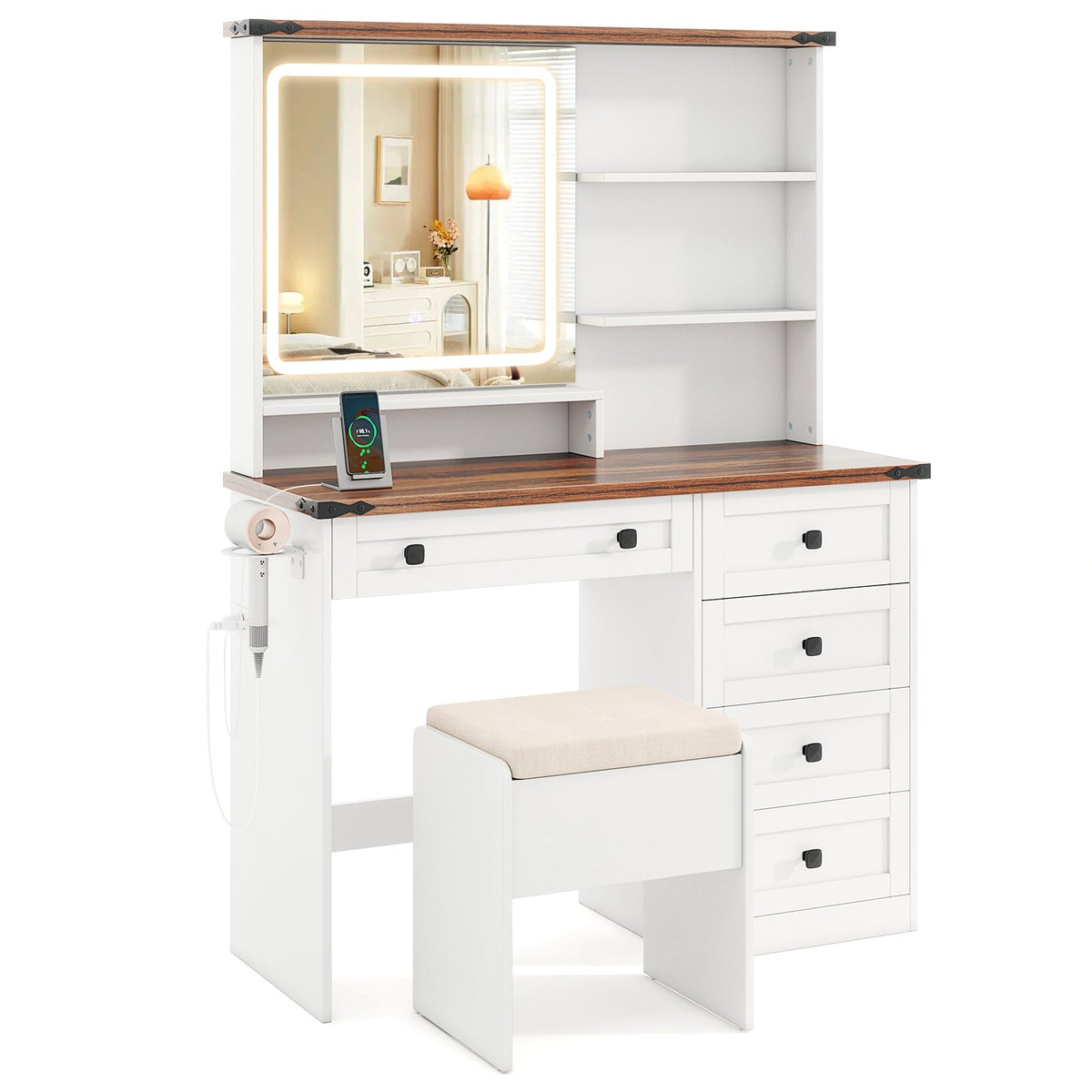 Farmhouse Vanity Set with Mirror and 3-Color Lighting-White