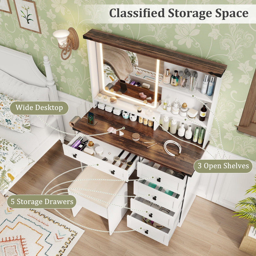 Farmhouse Vanity Set with Mirror and 3-Color Lighting-White