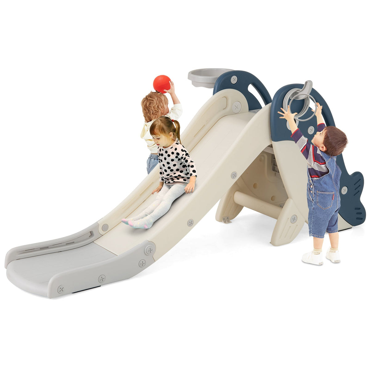 Foldable Freestanding Baby Slide Climber Playset with Basketball Hoop for Kids-Blue
