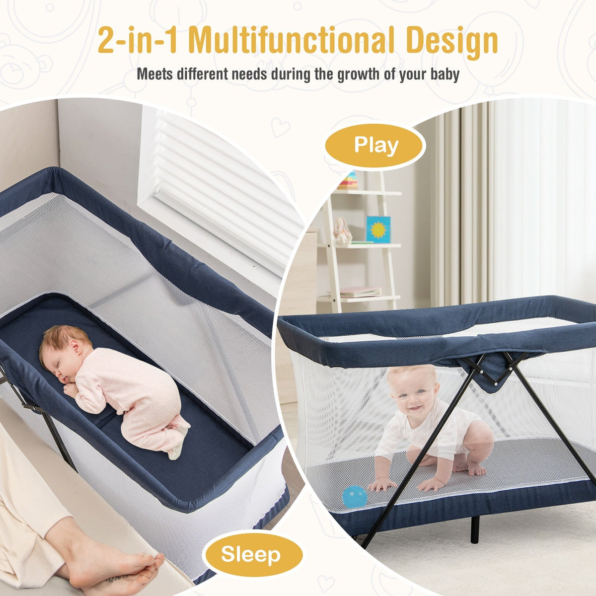 Baby Foldable Playpen with Removable Mattress and Washable Cover