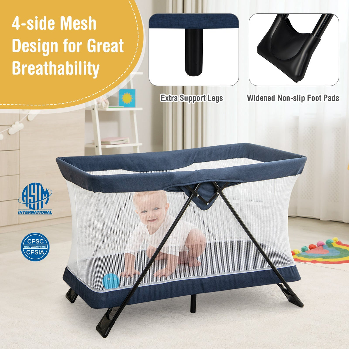 Baby Foldable Playpen with Removable Mattress and Washable Cover