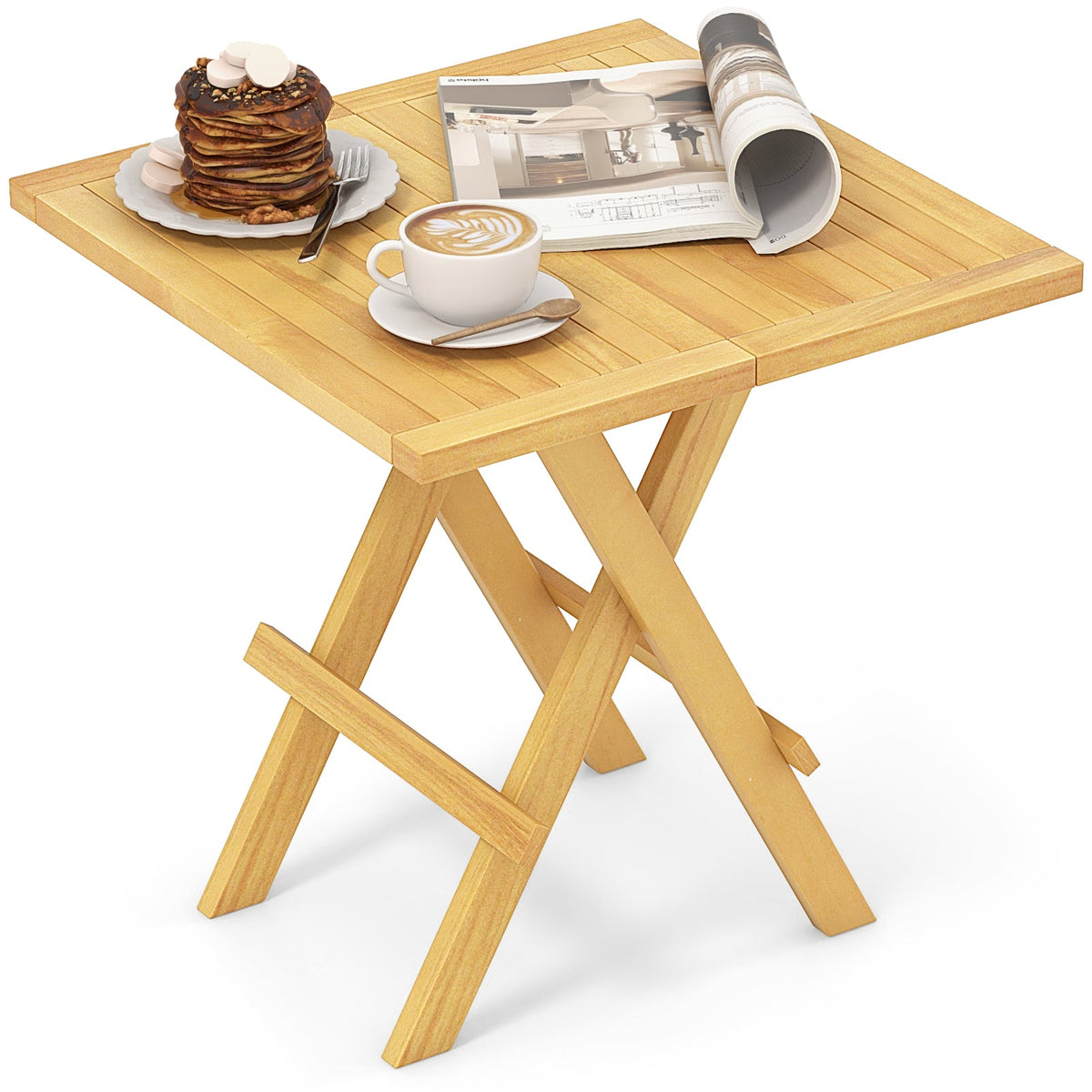 Patio Folding Side Table with X-shaped Legs and Slatted Tabletop