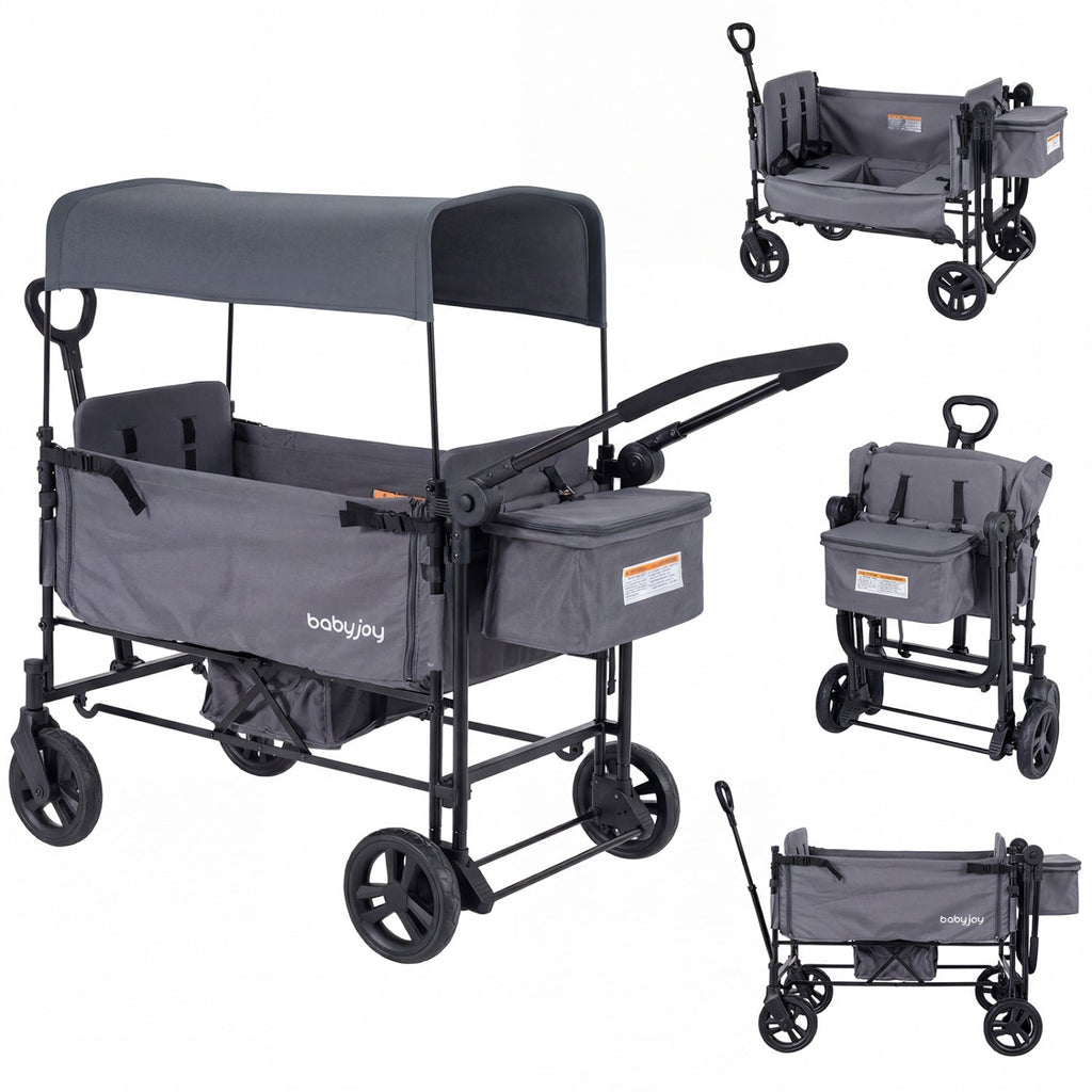 Foldable Wagon Stroller for 2 Kids with Removable Canopy and Adjustable Push Handle