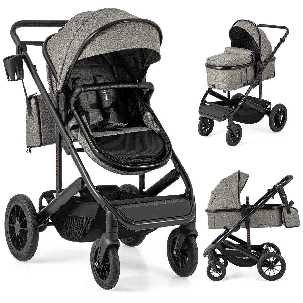 3-in-1 Folding Convertible Newborn Stroller with Detachable Bassinet-Gray