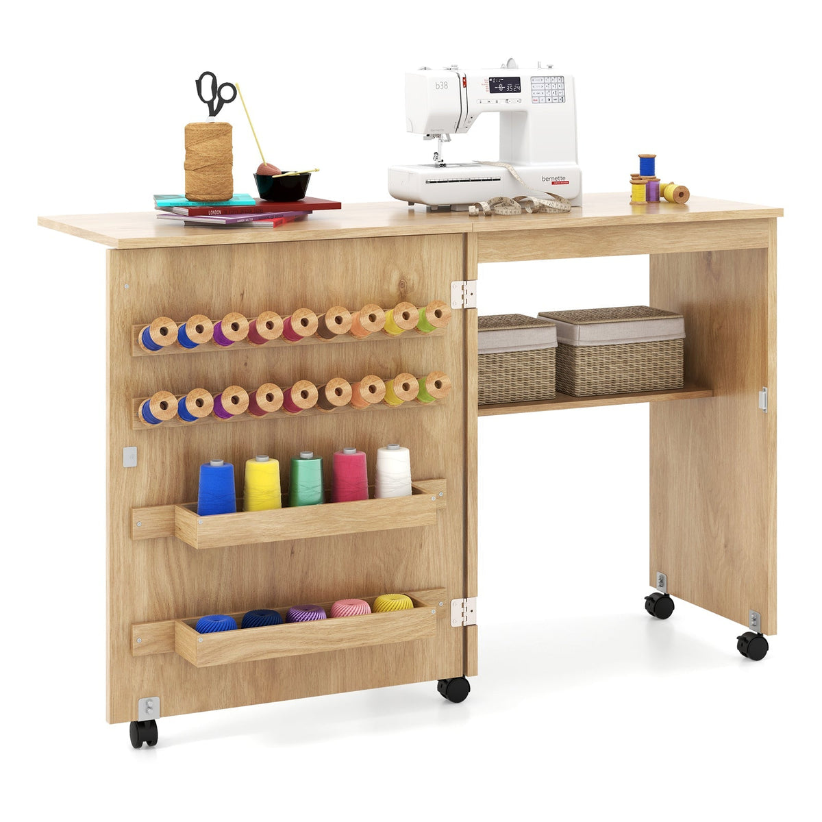 Folding Sewing Table with Storage Shelf and 5 Lockable Wheel