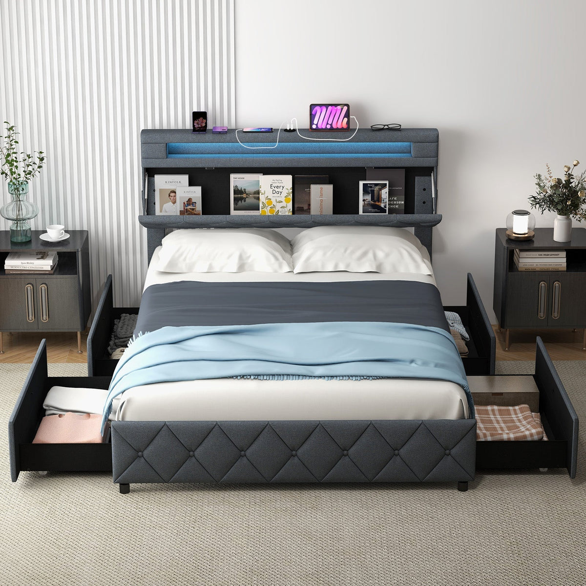 Full/Queen Size Bed Frame with Adjustable Storage Headboard and Wooden Slat Support