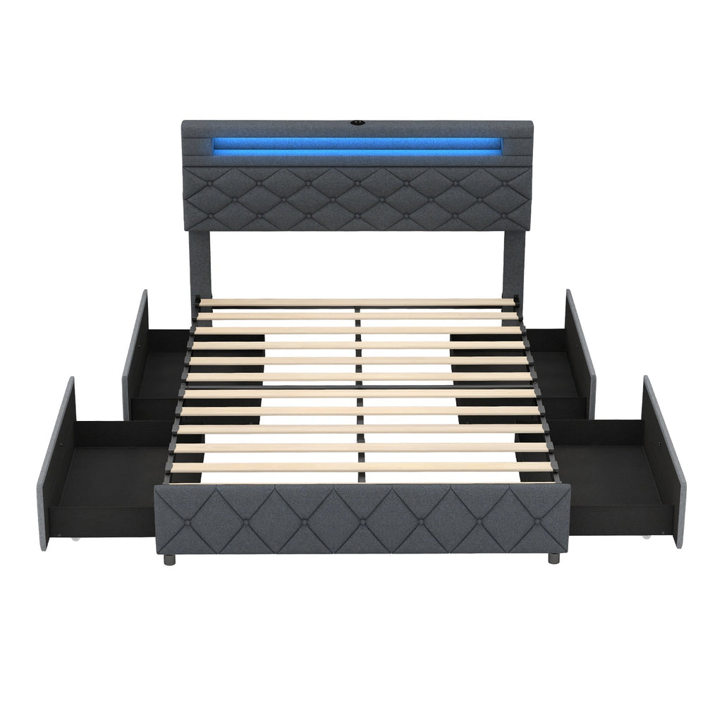 Full/Queen Size Bed Frame with Adjustable Storage Headboard and Wooden Slat Support