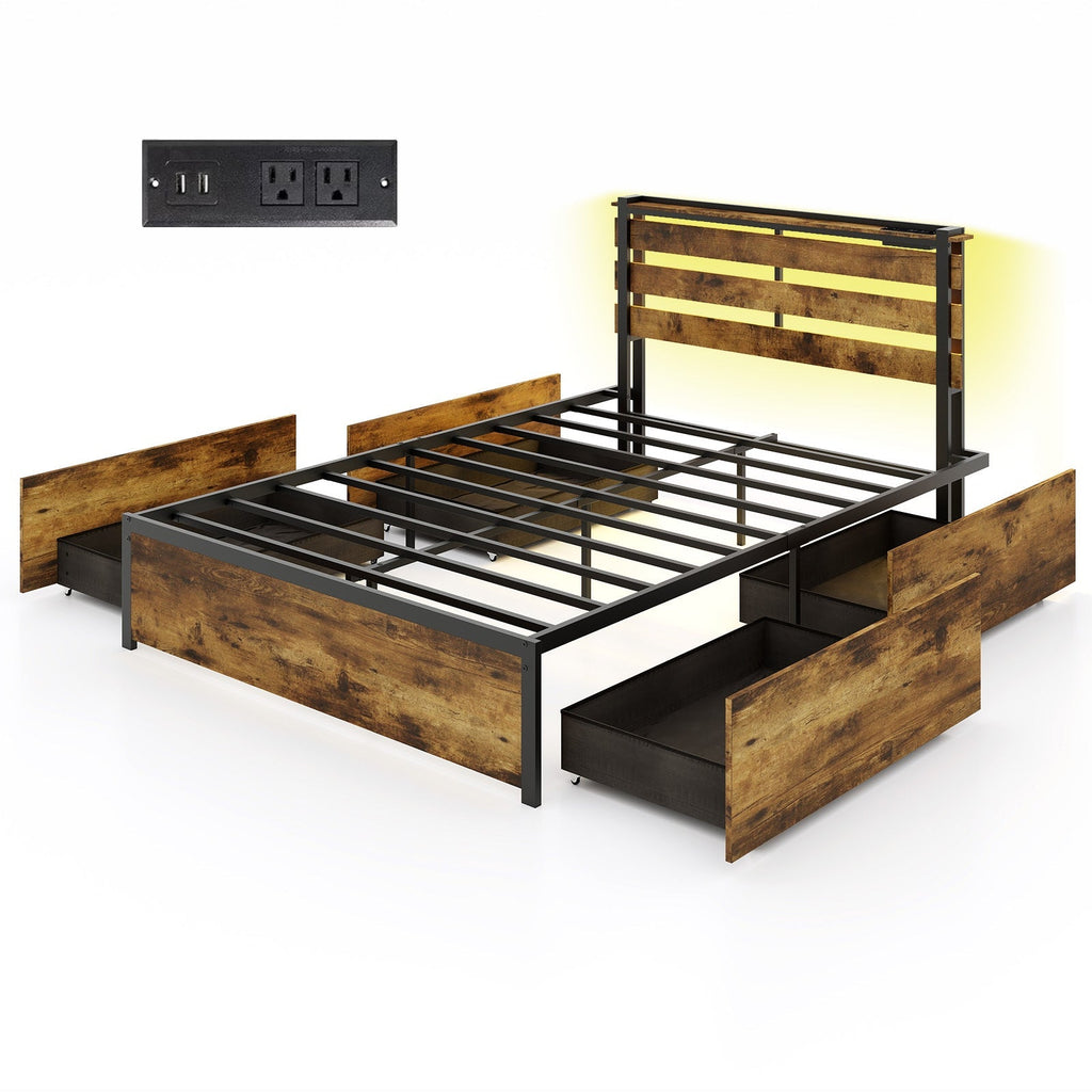 Full/Queen/Twin Size Bed Frame with Drawers LED Lights and USB Ports
