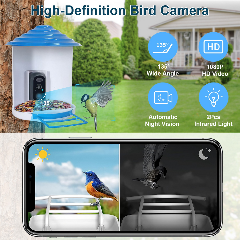 Smart Bird Feeder with Solar Powered Camera 1080P HD AI Identify PIR Motion Auto Capture Video Cloud Card Storage WiFi Connection App Control IP65 Wat