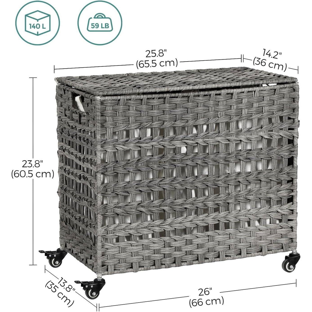 Grey PP Rattan 3-Basket Laundry Hamper Sorter Cart with Removable Cotton Bags