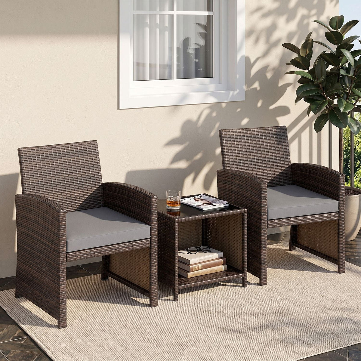 3 Pieces Patio Furniture Set with Tempered Glass Coffee Table and Soft Seat Cushions