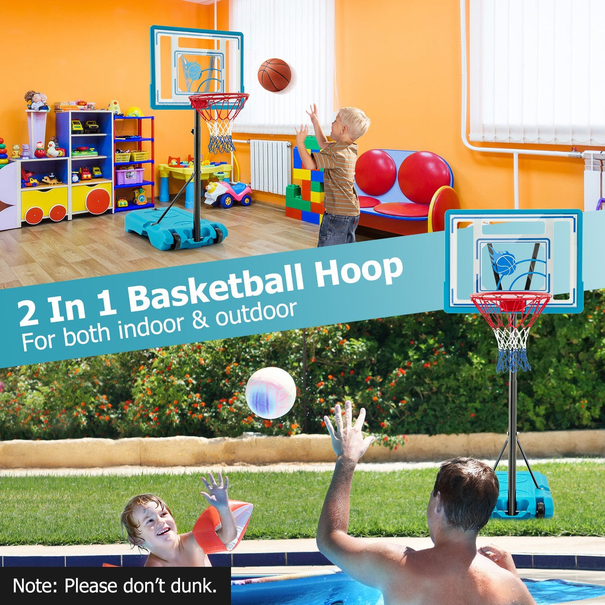 3.8-4.4 Feet Height Adjustable Pool Basketball Hoop for Kids Teens and Adults-Blue