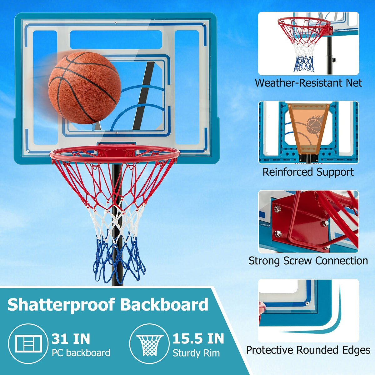 3.8-4.4 Feet Height Adjustable Pool Basketball Hoop for Kids Teens and Adults-Blue