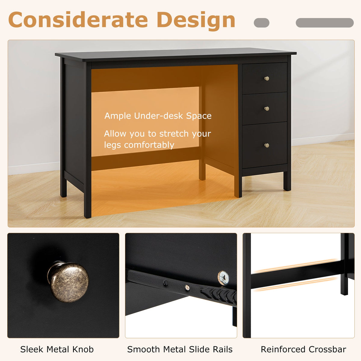 3-Drawer Home Office Study Computer Desk with Spacious Desktop