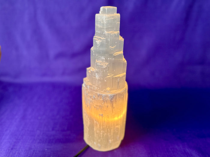 Selenite Skyscraper Lamp, 12" & 6" Tall Selenite Crystal Tower Lamps