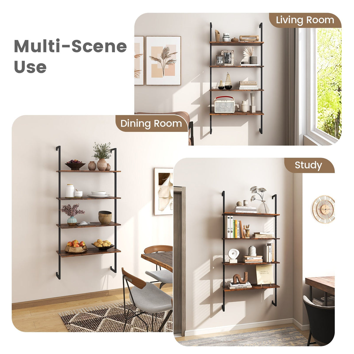 4-Tier Industrial Ladder Bookshelf with Metal Frame-Coffee