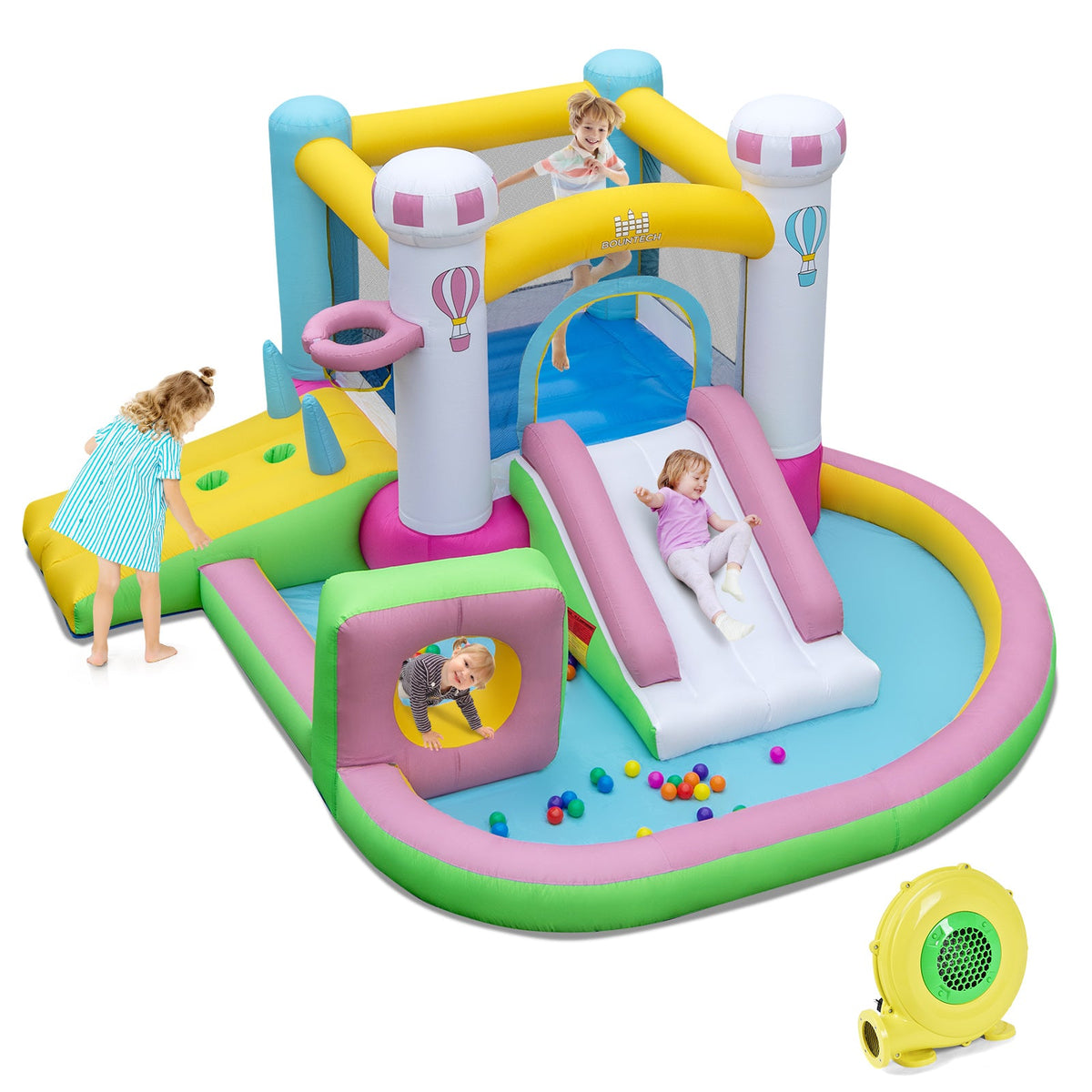 Inflatable Bounce House Bouncy Castle with Slide and Obstacle and Ball Pit with 480W Blower