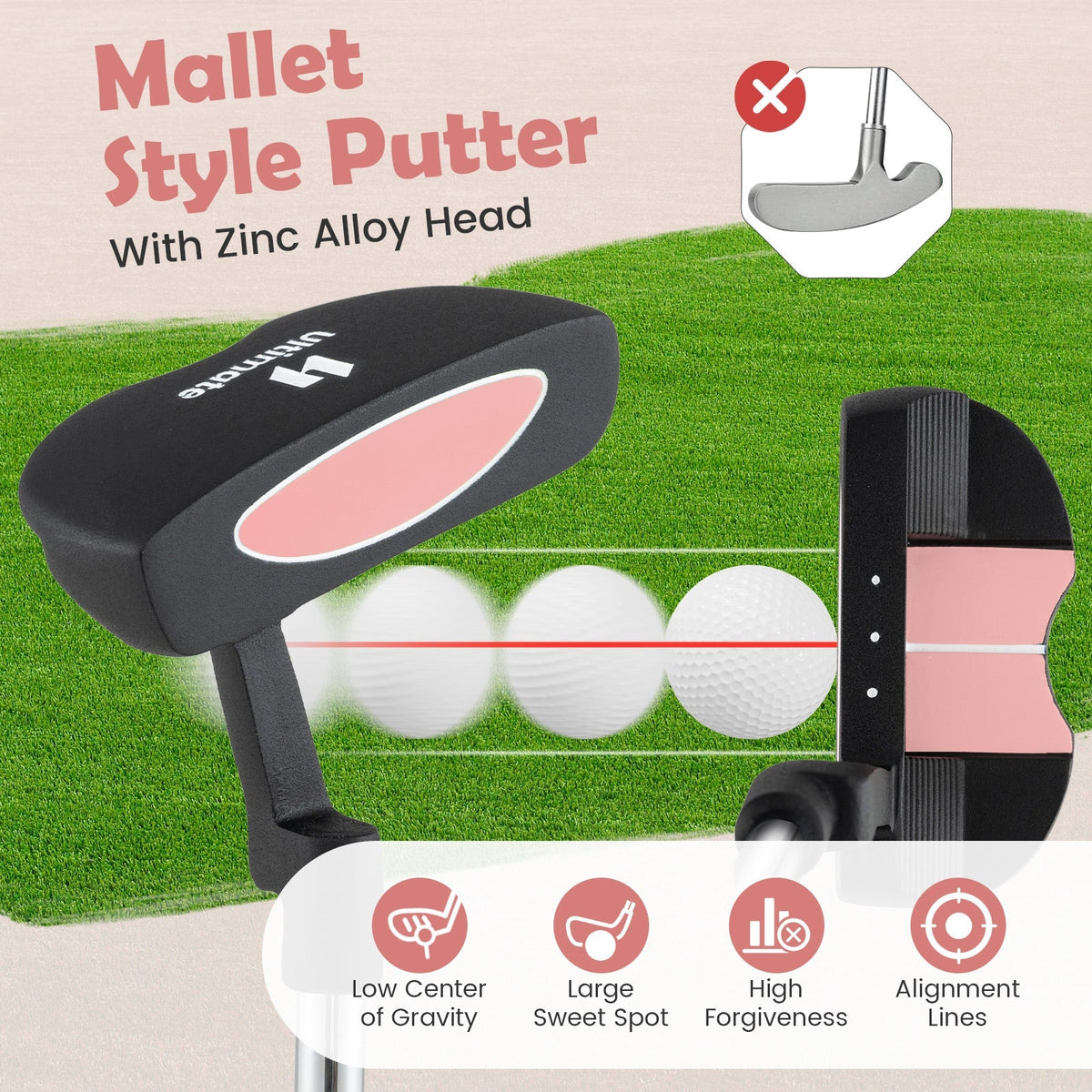 Junior Mallet Putter Individual Gold Club for Kids Ages 11-14