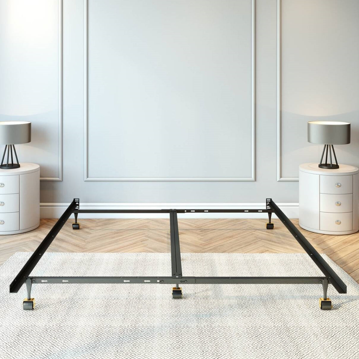 King size Heavy Duty 7-Leg Metal Bed Frame with Locking Rug Roller Casters Wheels