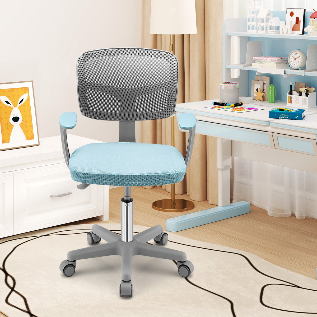 Adjustable Desk Chair with Auto Brake Casters for Kids-Blue