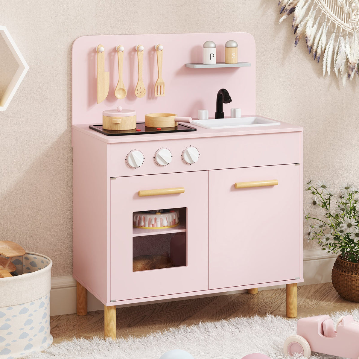 Kids Kitchen Playset with Cooking Accessories and Storage-Pink