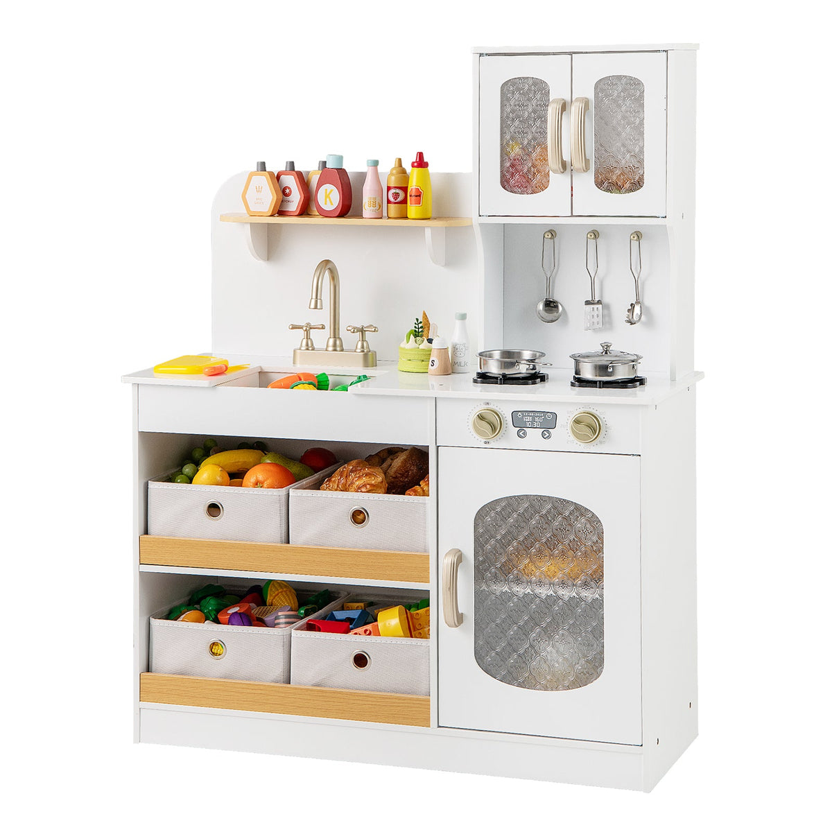 Kids Kitchen Playset with Cooking Accessories and Toy Cuttable Veggies-White