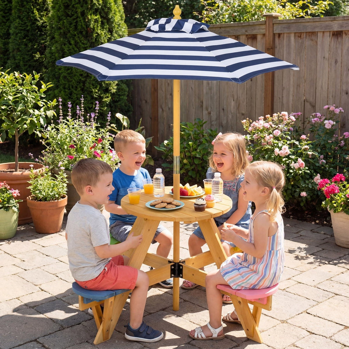 Kids Picnic Table with Stools and Foldable Adjustable Umbrella for Backyard and Patio