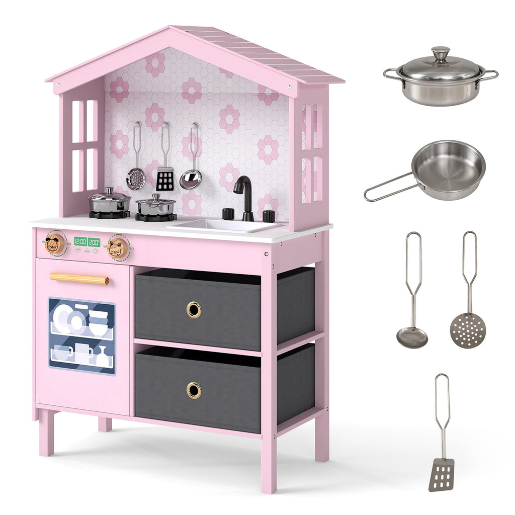 Kids Play Kitchen Children Toy Kitchen Playset with 2 Stoves and Rotation Knobs