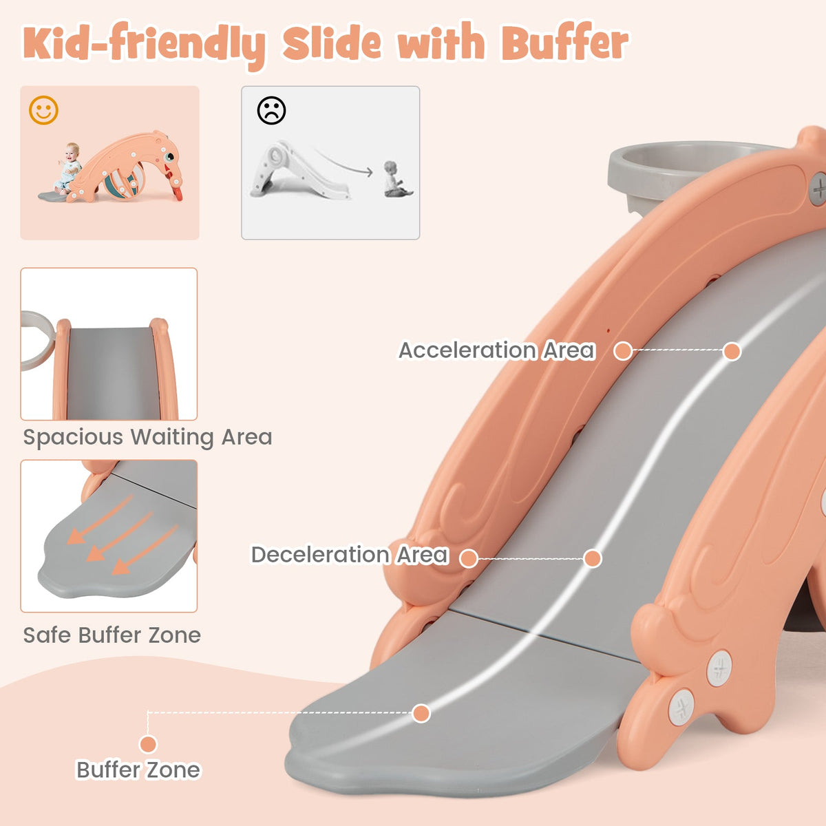 3-in-1 Kids Slide Rocking Horse Set Convertible Toddler Slide with Basketball Hoop-Pink