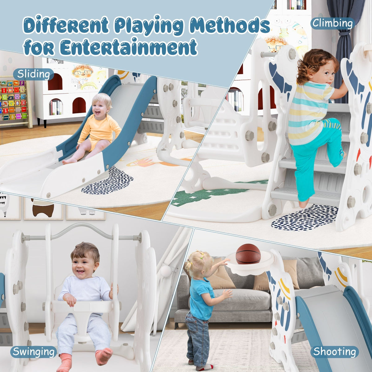 4-in-1 Kids Slide and Swing Set with Basketball Hoop