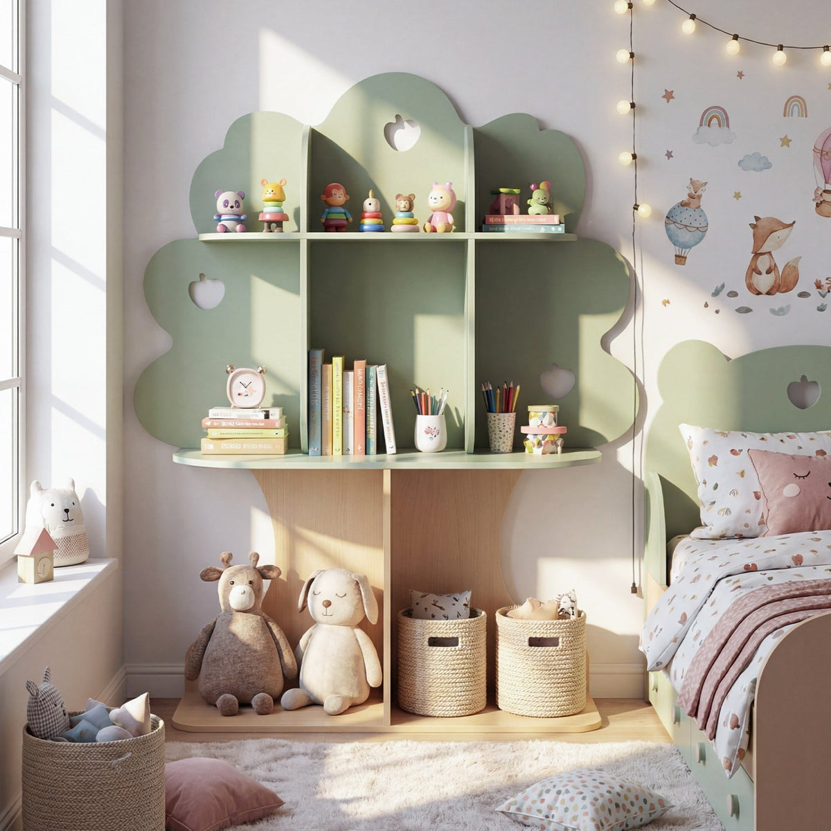 Kids Tree Bookshelf 45" Tall Freestanding Bookcase with Open Shelves-Green