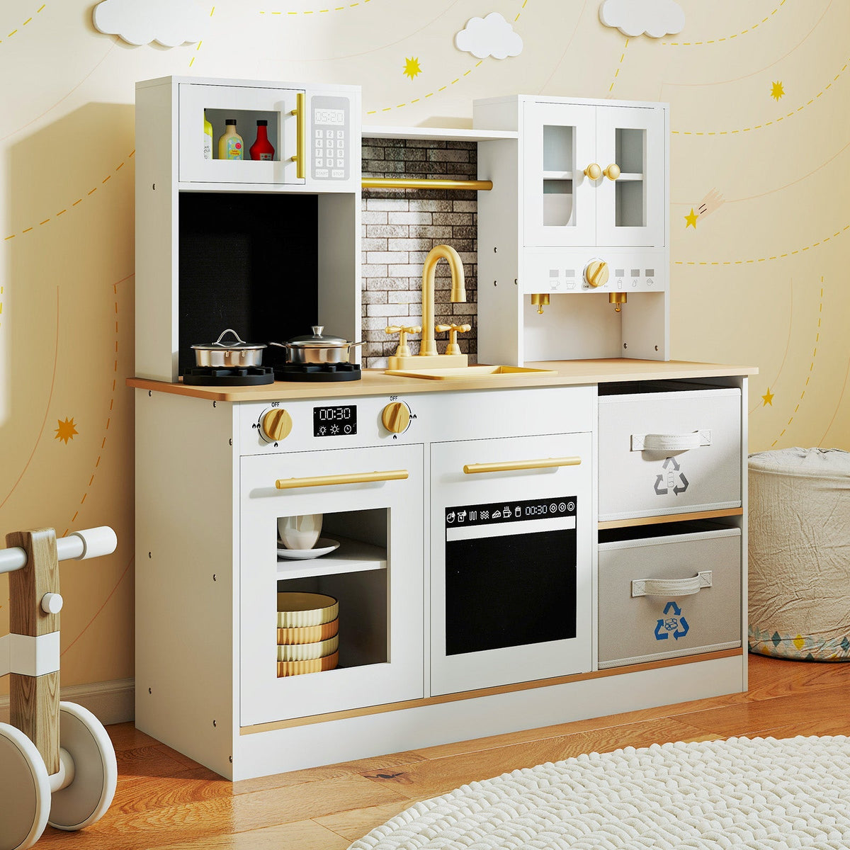 Kids Wooden Kitchen Playset with Stoves Sound Light for 3+ Years Old-White