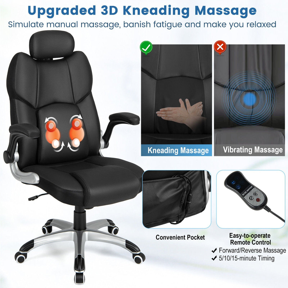 Kneading Massage Office Chair with Adjustable Headrest-Black