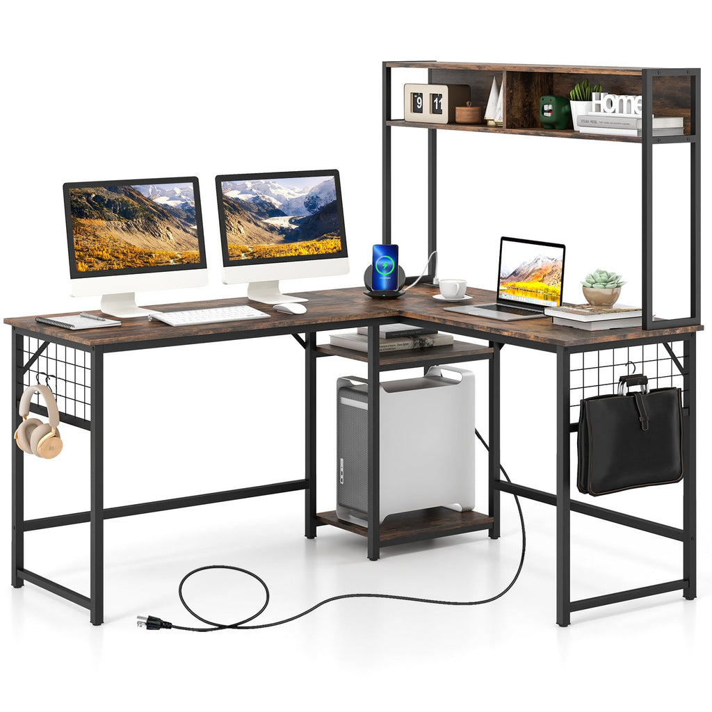 L-shaped Desk with Power Outlet Hutch