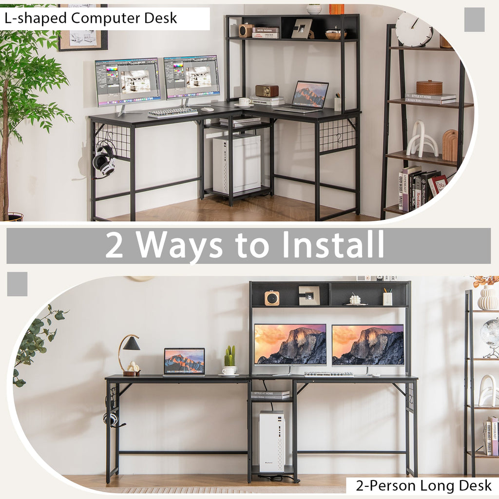 L-shaped Desk with Power Outlet Hutch