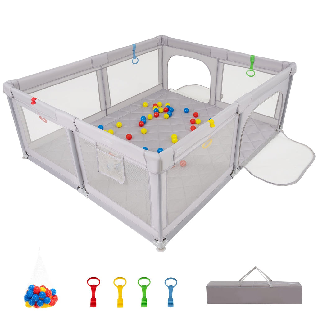 Large Baby Playpen with Pull Rings and Ocean Balls-Gray