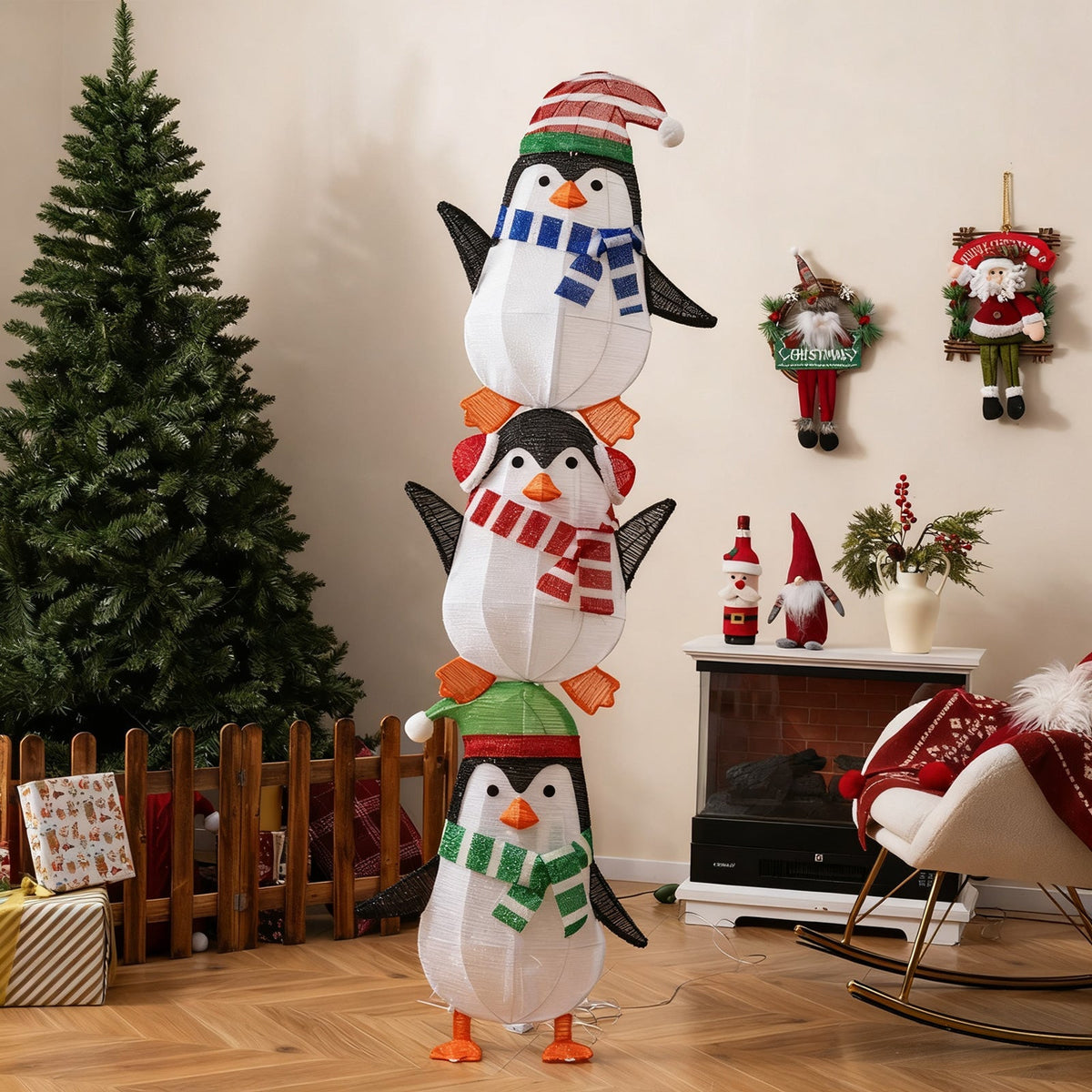 Lighted Penguins Decoration with Warm White Lights and Cute Hats