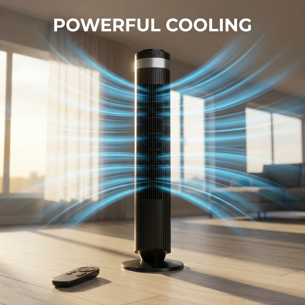 Tower Fan Bladeless 5 Speeds 4 Modes 64° Oscillating Quiet Remote 12H Timer