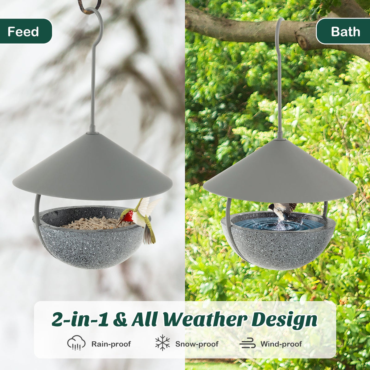 Metal Hanging Bird Feeder and Bath with Weatherproof Dome