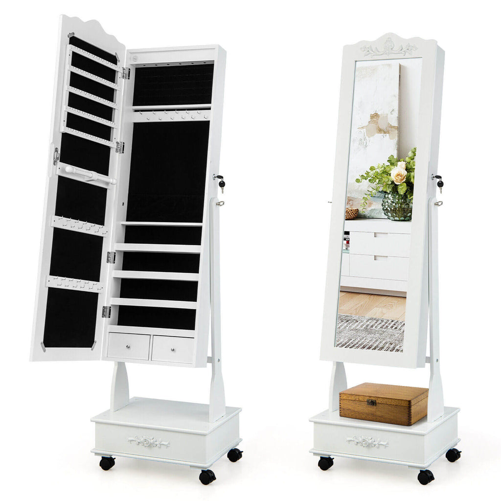 Rolling Floor Standing Mirrored Jewelry Armoire with Lock and Drawers