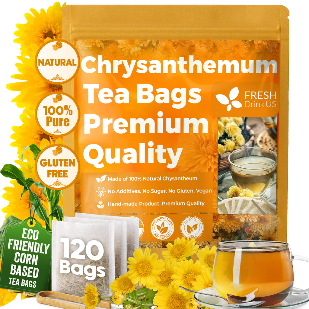 Premium Chrysanthemum Flower Tea Bags. Chrysanthemum Flower Herbal Tea. No Sugar, No Caffeine, No Gluten, Vegan.
