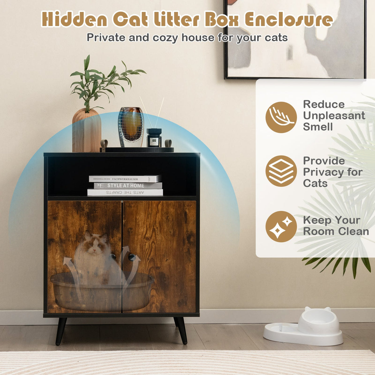 Industrial Cat Litter Box Enclosure with Entry and Open Compartment-Rustic Brown