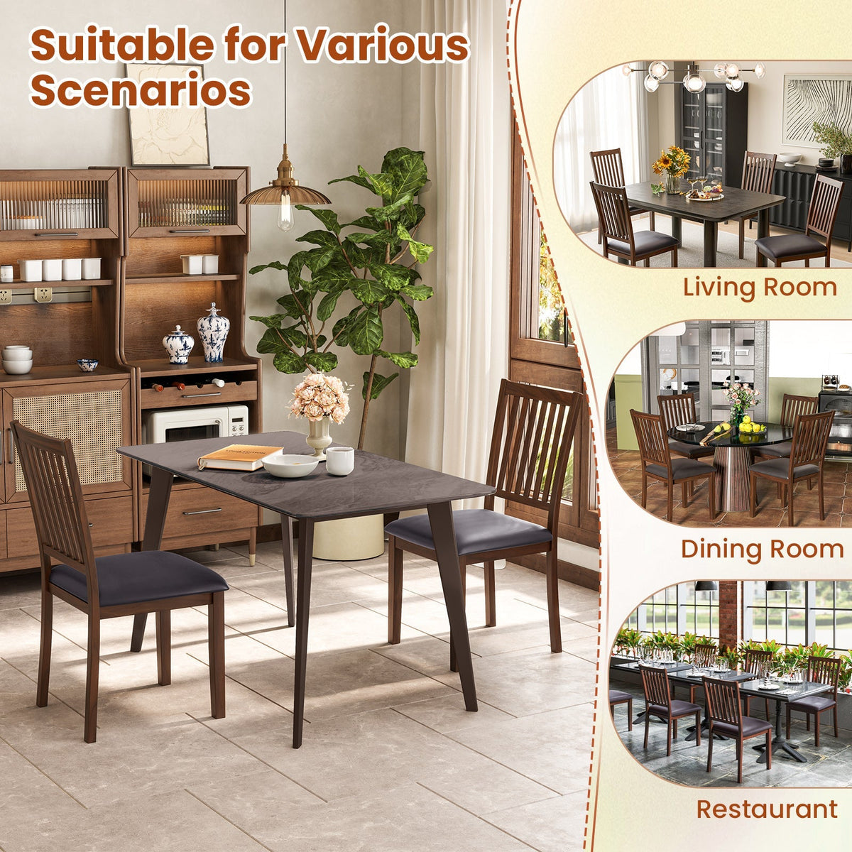 Upholstered Modern Dining Chair Set of 2 with Slanted High Backrest-Brown